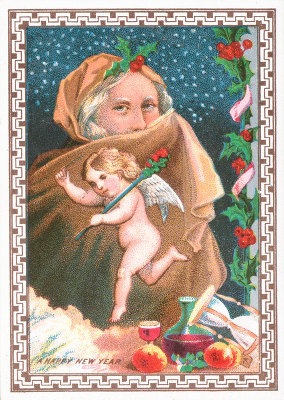 Cherub dans og dame dækker ansigt med sjal, nytårskort af English School