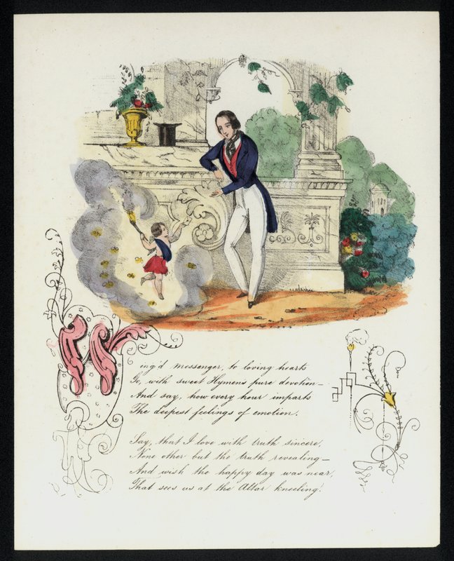Cherub leverer et kærlighedsbrev til en mand i en have (farve litho) af English School