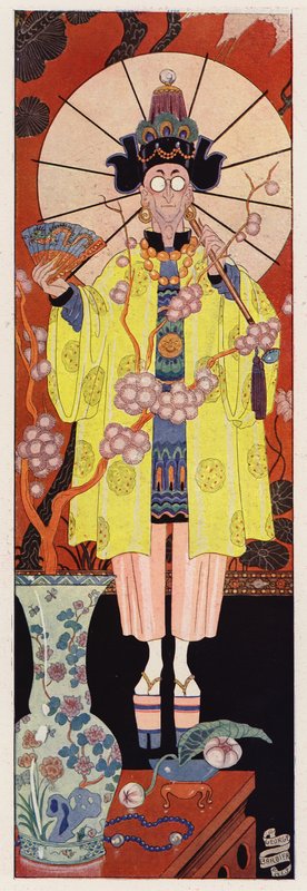 Chevalier de Villeclos i kinesisk kostume (farve litho) af English School