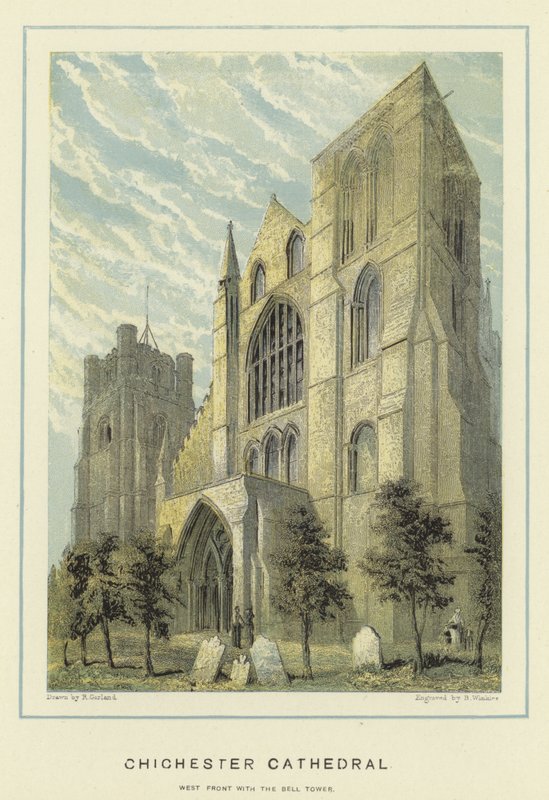 Chichester Cathedral, vestfronten med klokketårnet af English School