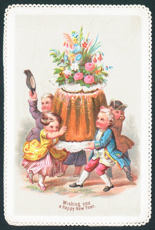Børnearistokrater bærer budding, nytårskort af English School