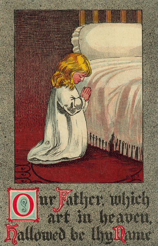 Barn ved sengetid reciterer Fadervor (farve litho) af English School