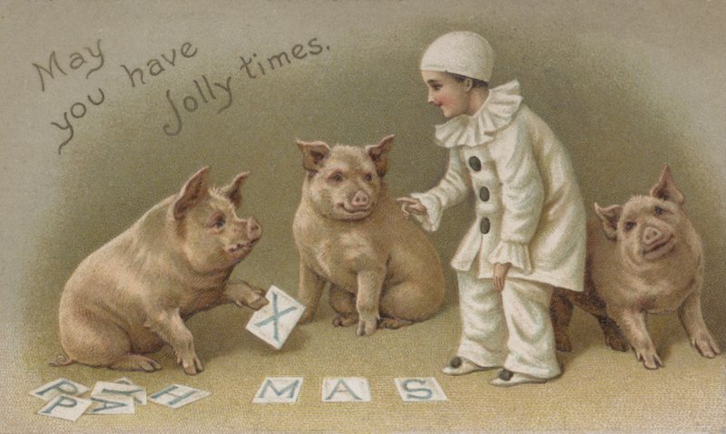Barn i pjerrotkostume med tre grise, julekort (chromolitho) af English School