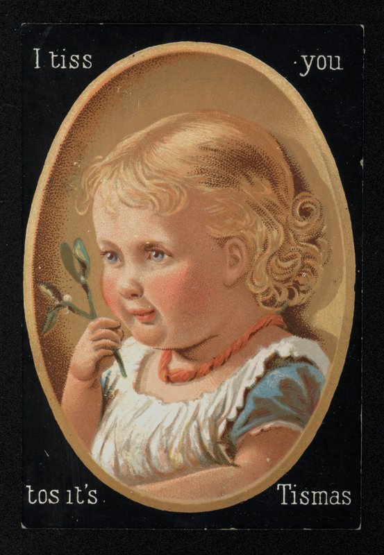 Barn med mistelten, julehilsenskort. (chromolitho) af English School