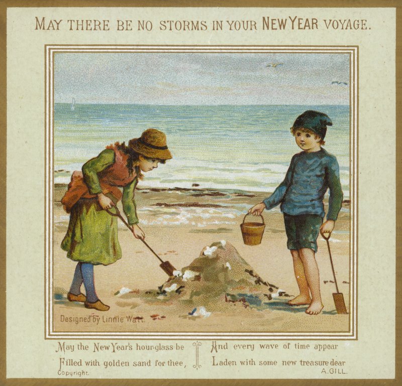 Børn leger på stranden - nytårskort af English School