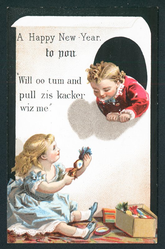 Børn ved at trække Cracker, nytårskort af English School