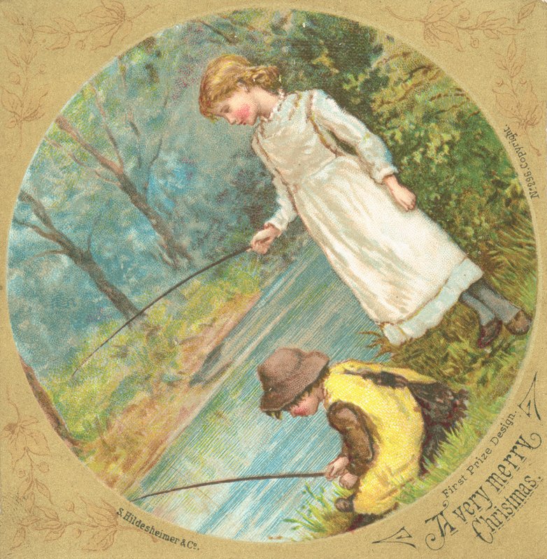 Børn, der fisker på flodbredden, julekort af English School