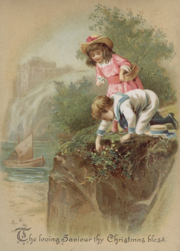 Børn plukker blomster på en flodbred, julekort (chromolitho) af English School