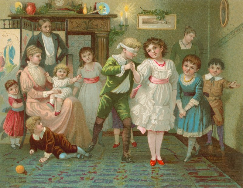 Børn leger blind mans buff ved juletid af English School