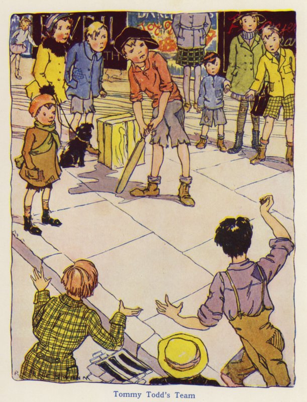 Børn leger cricket på gaden (farve litho) af English School