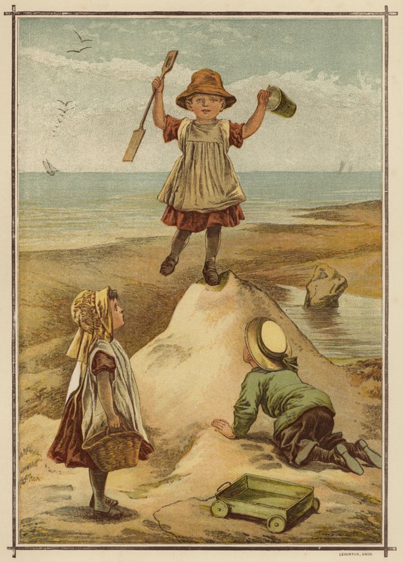 Børn leger kongen af slottet ved havet (farve litho) af English School
