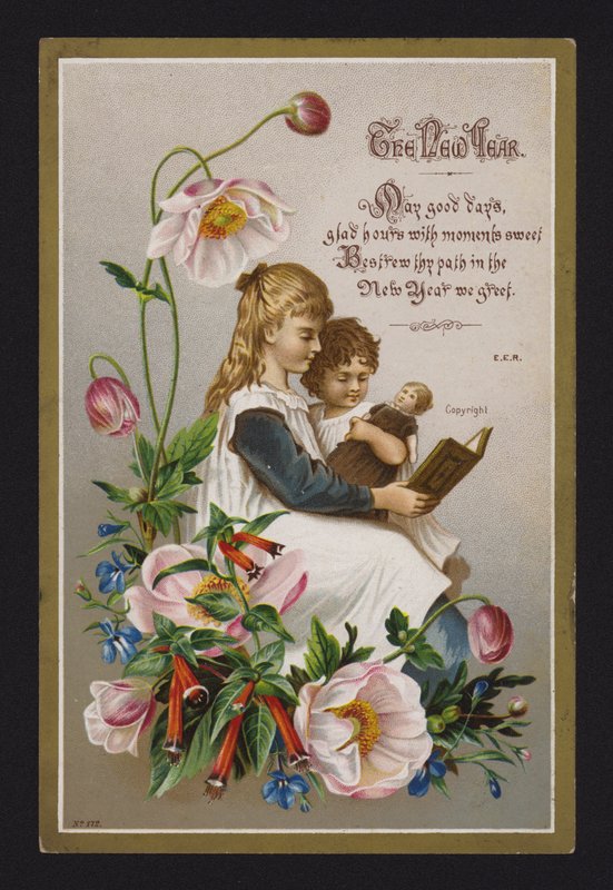 Børn læser en bog, nytårshilsen, slutningen af det 19. eller begyndelsen af det 20. århundrede (chromolitho) af English School