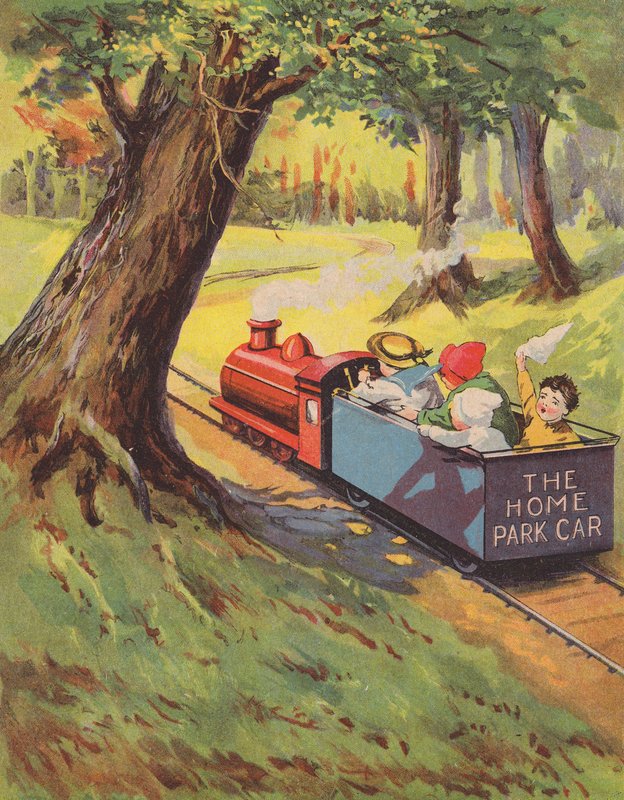 Børn, der kører på en miniaturejernbane (farve litho) af English School