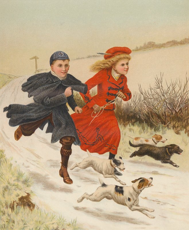 Børn løber med hunde langs en snedækket vej (chromolitho) af English School