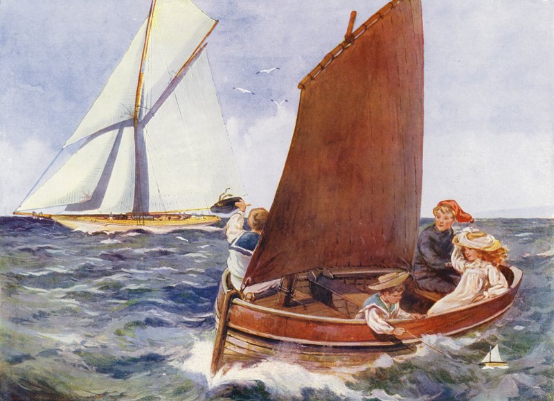 Børn, der sejler og ser på en forbipasserende yacht (farve litho) af English School