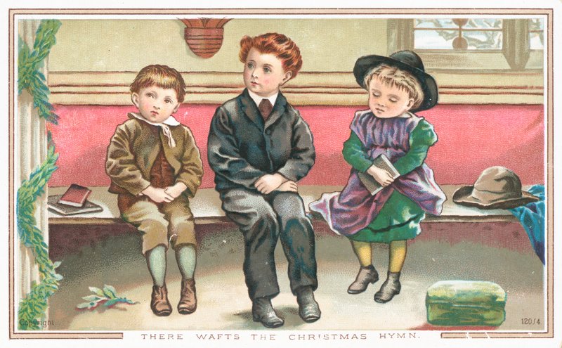 Børn, der sidder i kirken, julekort af English School
