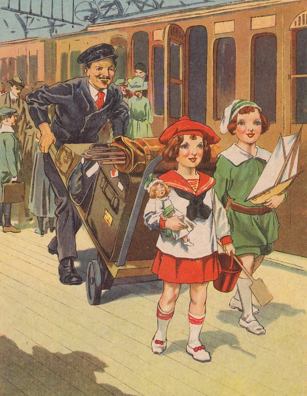 Børn, der rejser med tog til ferien (farve litho) af English School