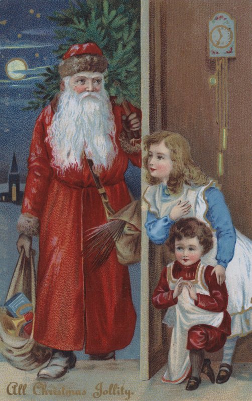 Børn venter på julemanden, julekort (chromolitho) af English School