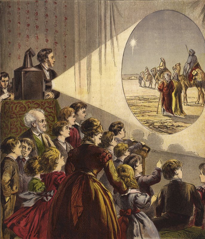 Børn ser Magic Lantern Show of the Christmas Story af English School