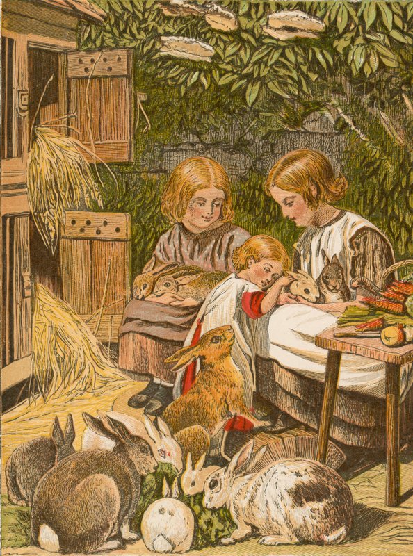 Børn med deres kælekaniner (farvelitografi) af English School