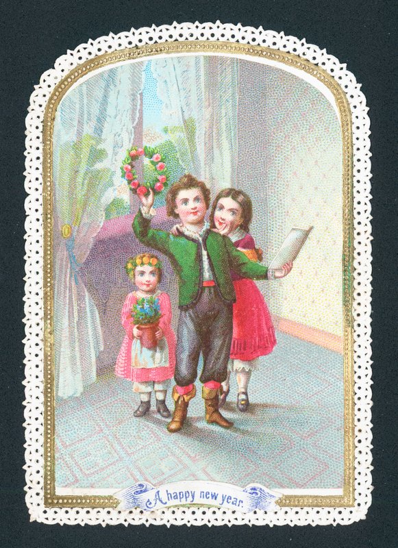 Børn med krans og blomster, nytårskort af English School