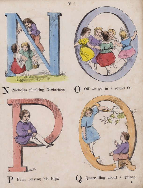 Børnealfabet (farvet gravering) af English School