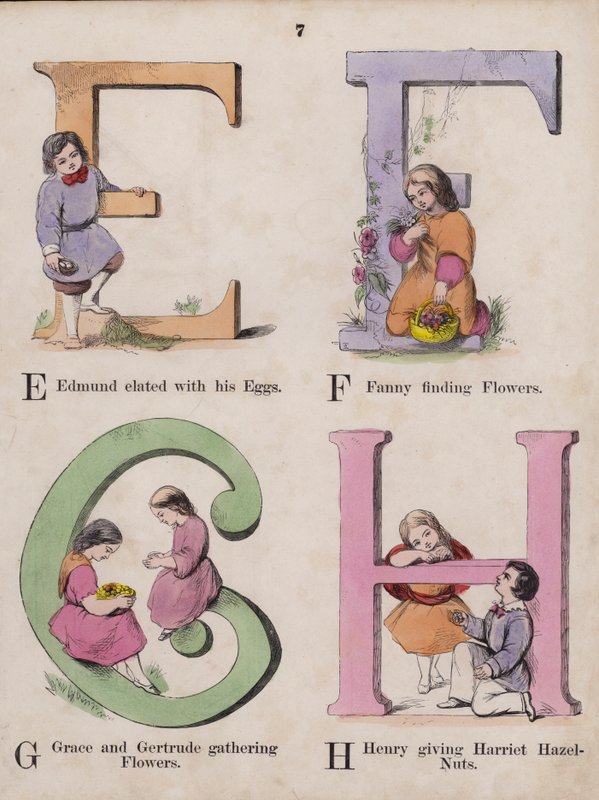 Børnealfabet (farvet gravering) af English School