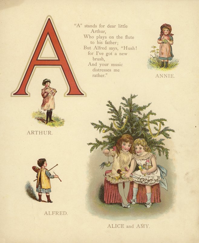 Børns navne: Annie, Arthur, Alfred, Alice, Amy (farve litho) af English School