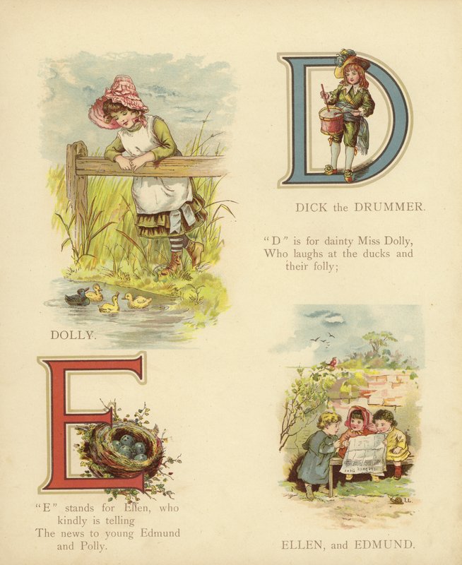 Børnenes navne: Trommeslageren Dick, Dolly, Ellen, Edmund (farvelitografi) af English School