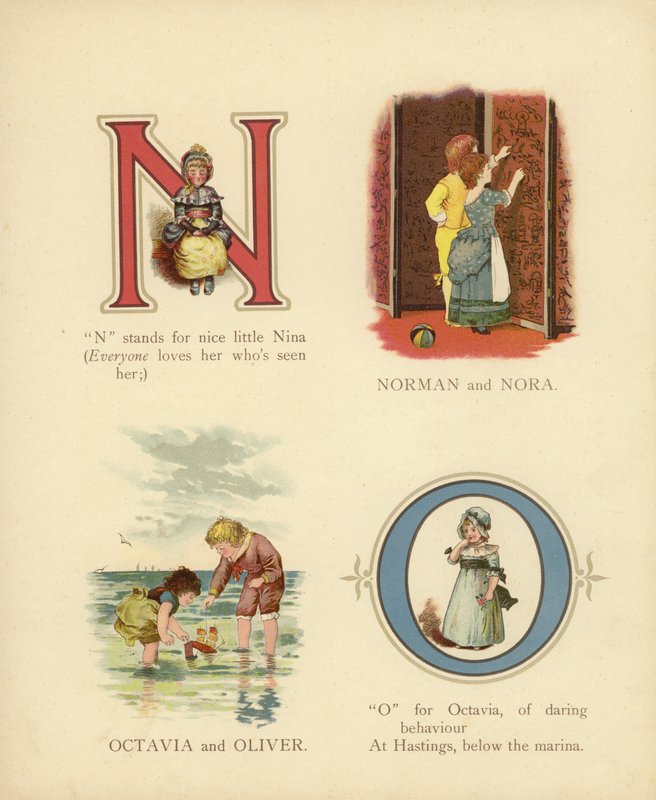Børns navne: Norman, Nora, Octavia, Oliver (farve litho) af English School