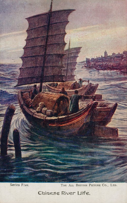 Kinesisk flodliv (farve litho) af English School