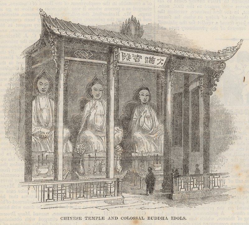 Kinesisk tempel og kolossale Buddha-idoler af English School