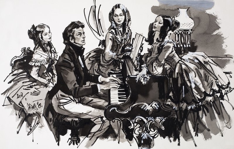 Chopin med kvindelige beundrere (gouache på papir) af English School