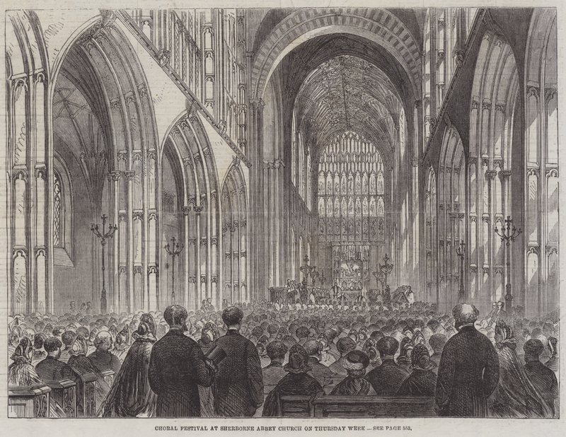 Korfestival i Sherborne Abbey Church torsdag uge (gravering) af English School