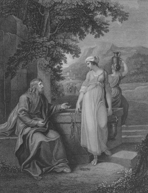 Kristus og kvinden fra Samaria, Johannes 4, vers 5-27 (gravering) af English School