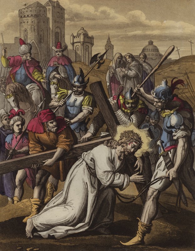 Kristus besvimer under korset (farve litho) af English School