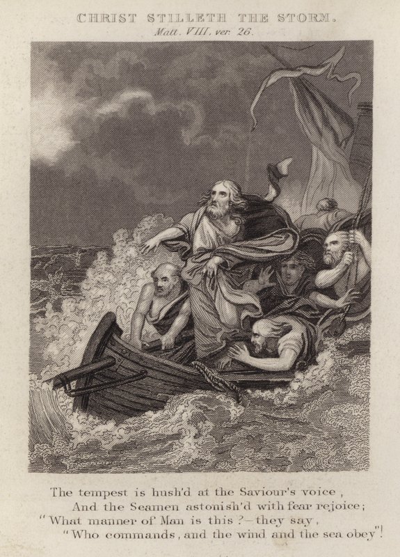 Kristus stilner stormen, Matthæus VIII, ver 26 (gravering) af English School