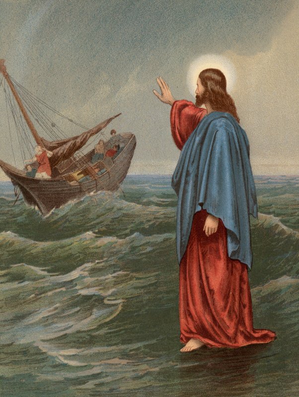 Kristus går på havet, Johannes, VI, 20 (farve litho) af English School