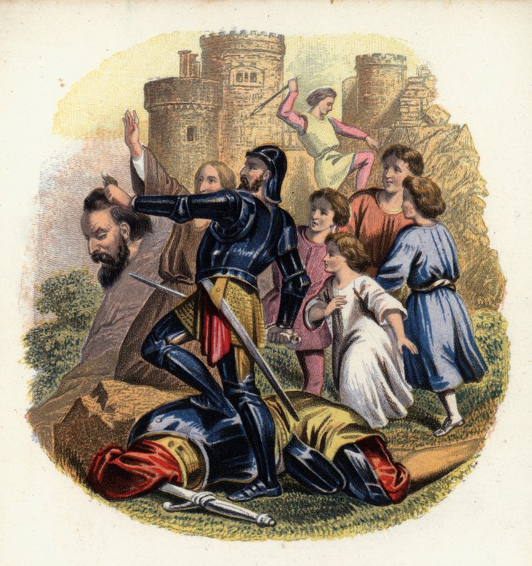 Christiana og pilgrimmene ser på, mens Greatheart slår Giant Despair ihjel, en illustration fra The Pilgrim