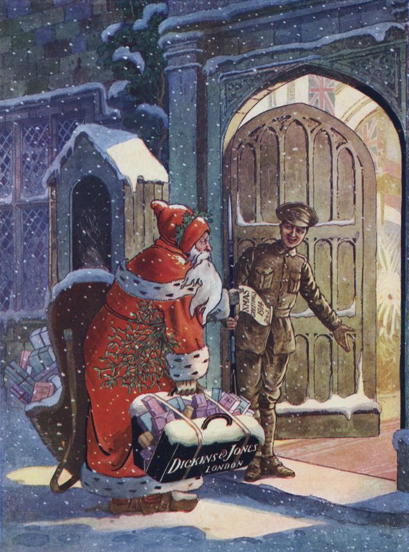 Juleannonce, der viser julemanden, der bringer gaver til soldater fra 1. verdenskrig fra stormagasinet Dickins og Jones (farve litho) af English School