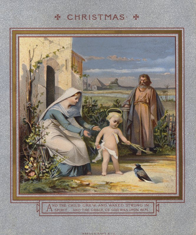 Julekort: Jesus leger med en due, overvåget af sine forældre (chromolitho) af English School
