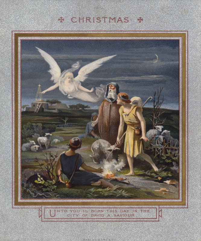 Julekort: Hyrder blev advaret om Jesu fødsel, mens de passede deres flokke om natten (chromolitho) af English School