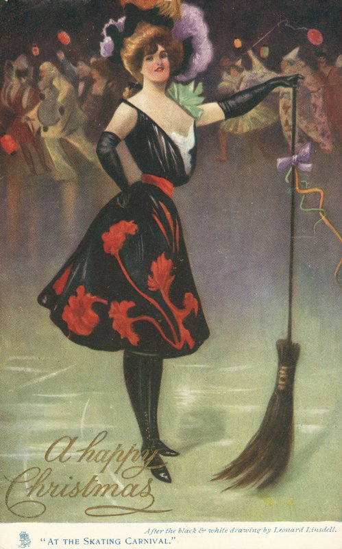 Julekort med en skøjtebane (farve litho) af English School