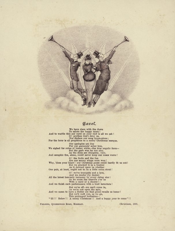 Julesang med et billede af tre engle i victoriansk tøj af English School