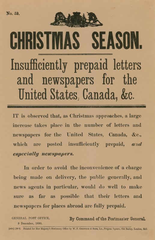 Juleportomeddelelse efter kommando af generalpostmesteren, 9. december 1890 af English School