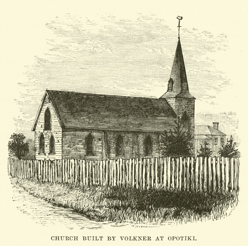 Kirke bygget af Volkner ved Opotiki af English School