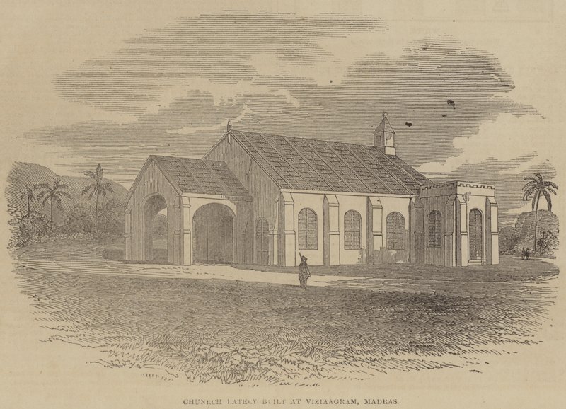 Kirke for nylig bygget i Vijinagaram, Madras (gravering) af English School