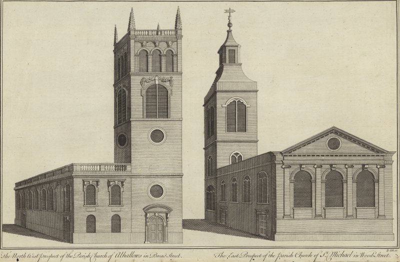 Church of Allhallows i Bread Street og Church of St Michael i Wood Street, London af English School