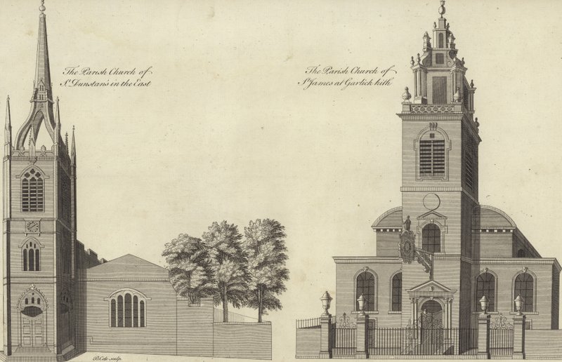 Church of St Dunstan i øst og Church of St James Garlickhythe, London af English School