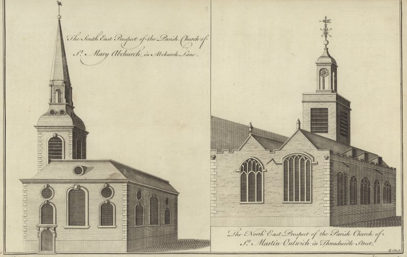 Church of St Mary Abchurch, Abchurch Lane og Church of St Martin Outwich i Threadneedle Street, London af English School